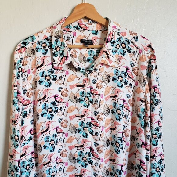 Talbots Floral Bird Button Front Tunic Top Roll Tab Sleeves Multi Size Womens 2X - Picture 3 of 11